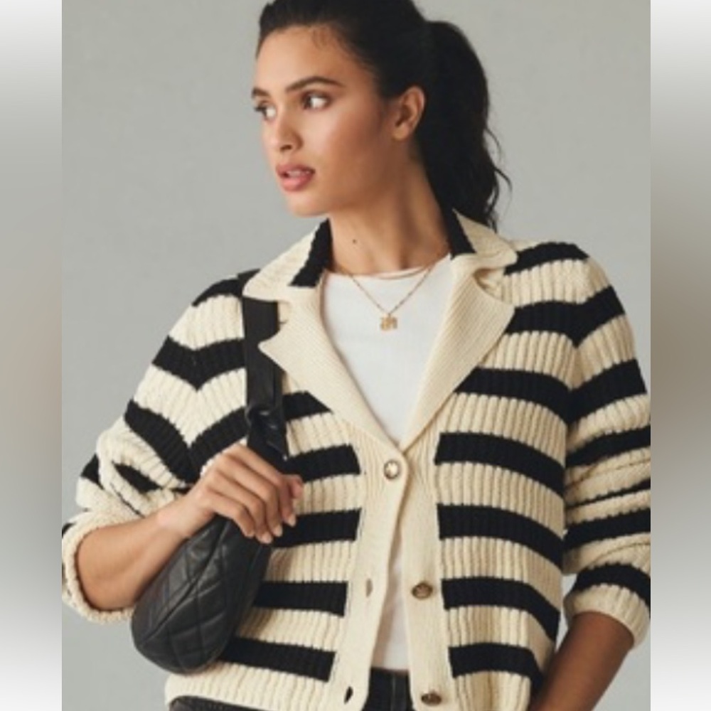 Anthropology, Maeve  Black and cream striped sweater with buttons  size medium